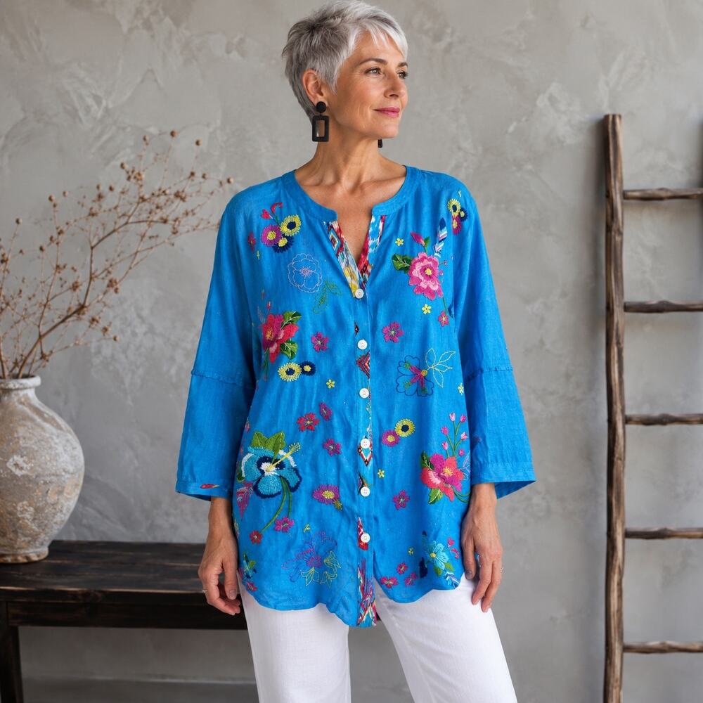 John mark blue linen mixed media button down 1x